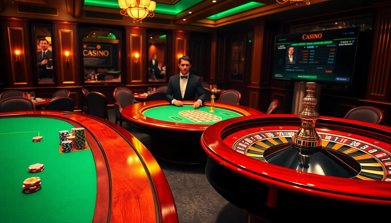 Découvrez l'excitation du casino en ligne France fiable avec des joueurs à une table de poker luxueuse et une roue de la roulette.
