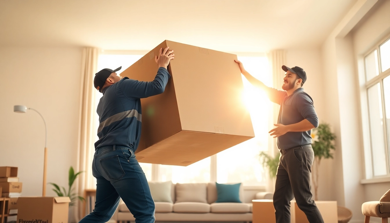 Movers Edmonton assisting in a home relocation with a large box, showcasing teamwork and professionalism.
