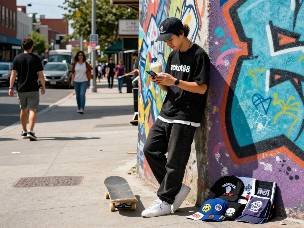 Youthful individual in street fashion checking smartphone for rokok88 trends against a vibrant graffiti wall.