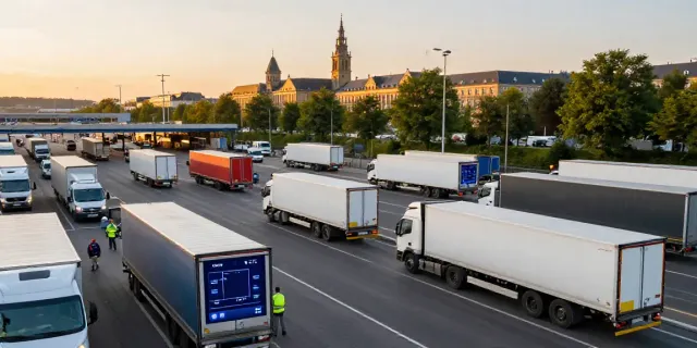 Aktive Transport Europas mit Lkw und Lieferwagen, die Waren bei Sonnenuntergang bewegen, um den Transport europaweit darzustellen.