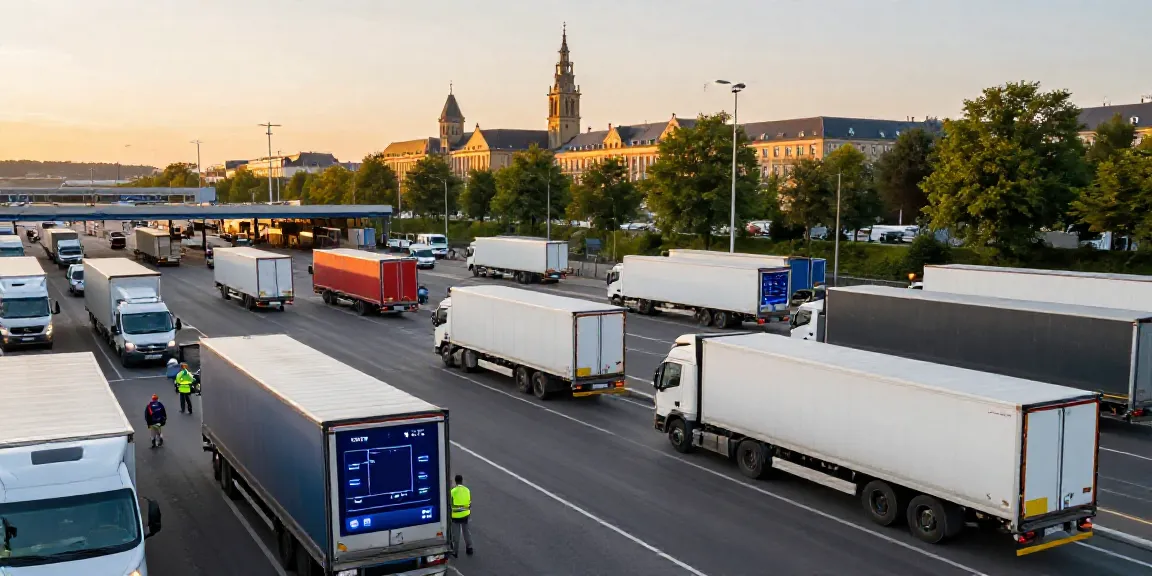 Aktive Transport Europas mit Lkw und Lieferwagen, die Waren bei Sonnenuntergang bewegen, um den Transport europaweit darzustellen.