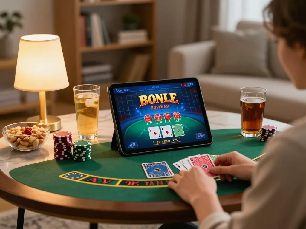 Player winning with bonus new member 100 to 8x while enjoying online blackjack on tablet in cozy home setting.