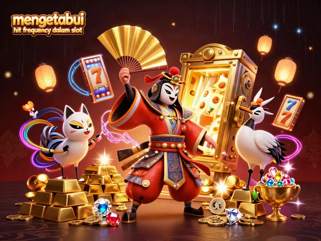 Menggambarkan mengetahui arti hit frequency dalam slot dengan elemen slot dan karakter tradisional yang dinamis.