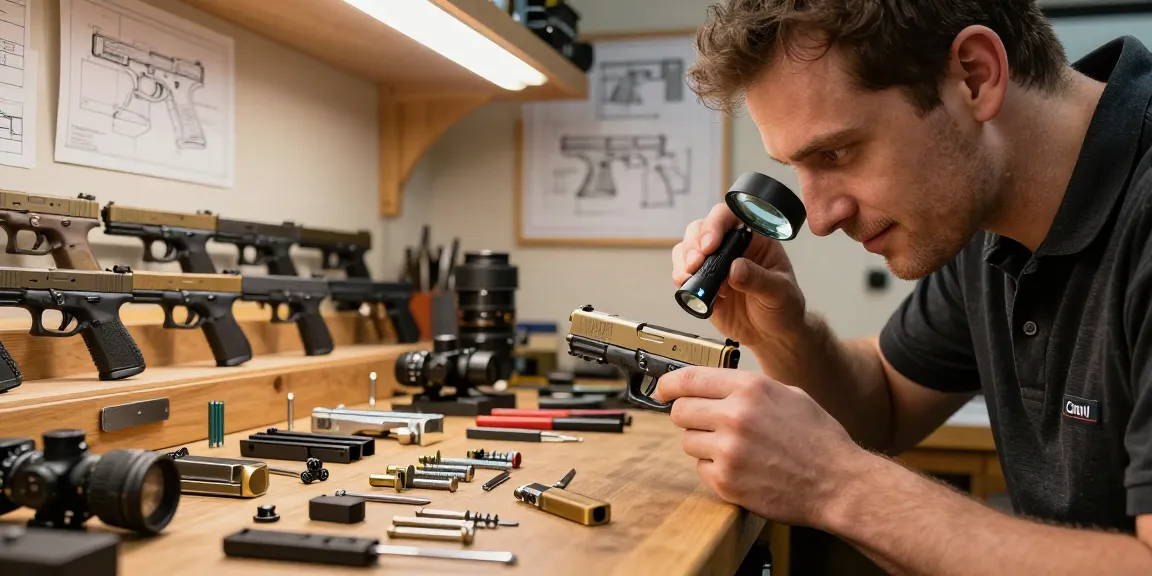Precision Glock slides showcased at https://precisionglockslides.com with skilled gunsmith inspecting firearm components.