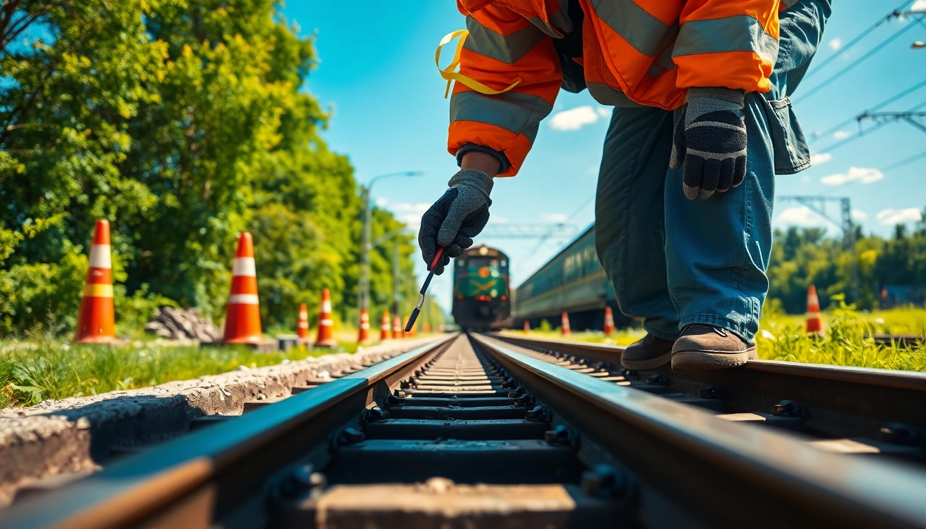 Track Inspectors Near Me performing a thorough inspection of railway tracks in a vibrant outdoor setting.
