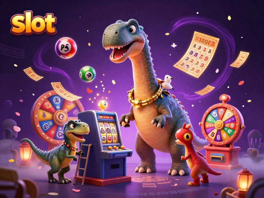 Mesin slot menarik perhatian dengan dinosaur besar dan burung di lehernya