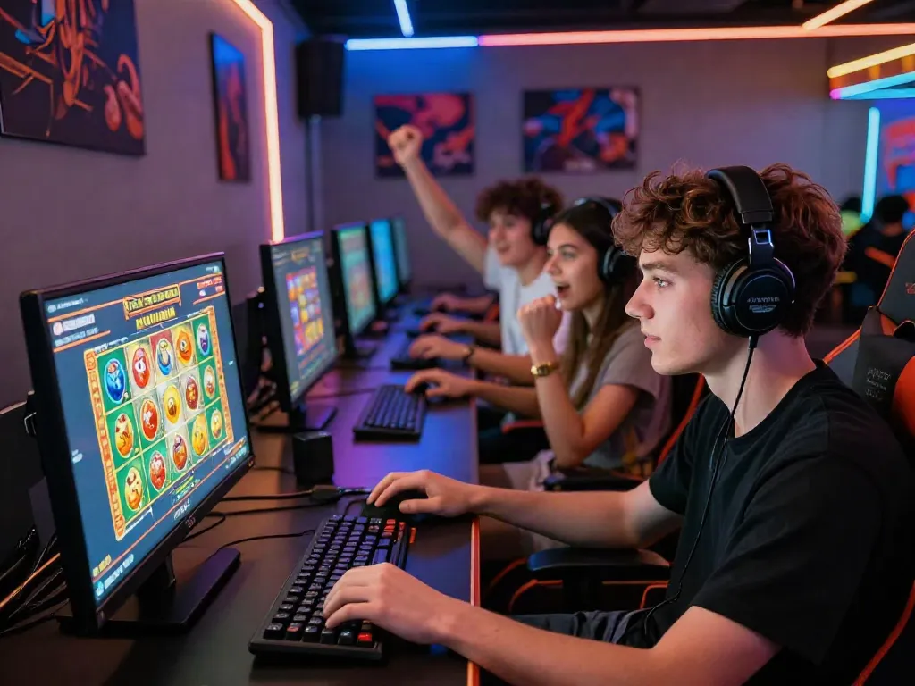 Pengalaman bermain game JPTOTO online, pemain muda berfokus pada grafik berwarna-warni.