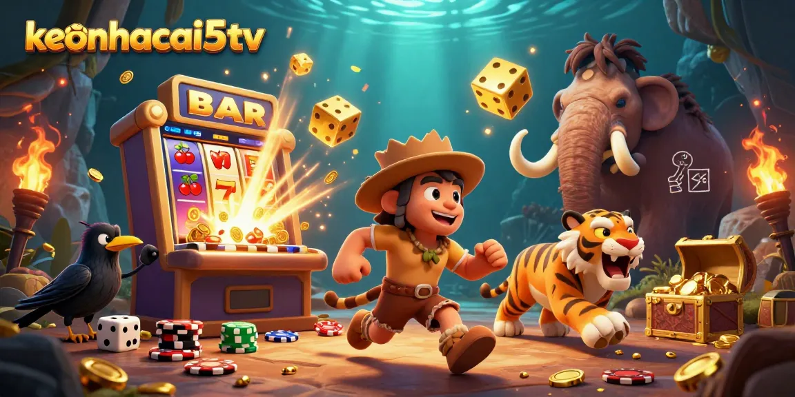 Experience the excitement of keonhacai5tv in a vibrant prehistoric casino scene with dynamic games.