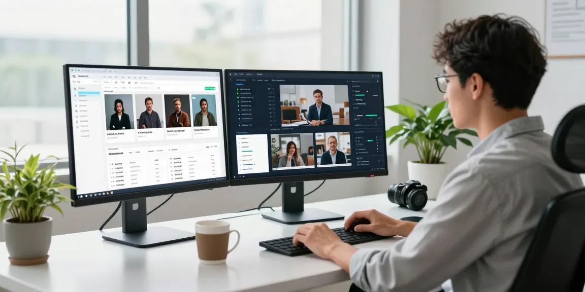 AI detector in use by a data analyst monitoring flagged content on multiple screens in a modern workspace.