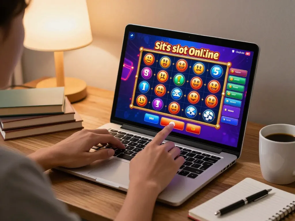 Engaged player exploring situs slot online on their laptop at home, showcasing vibrant slot graphics and personal gaming setup.