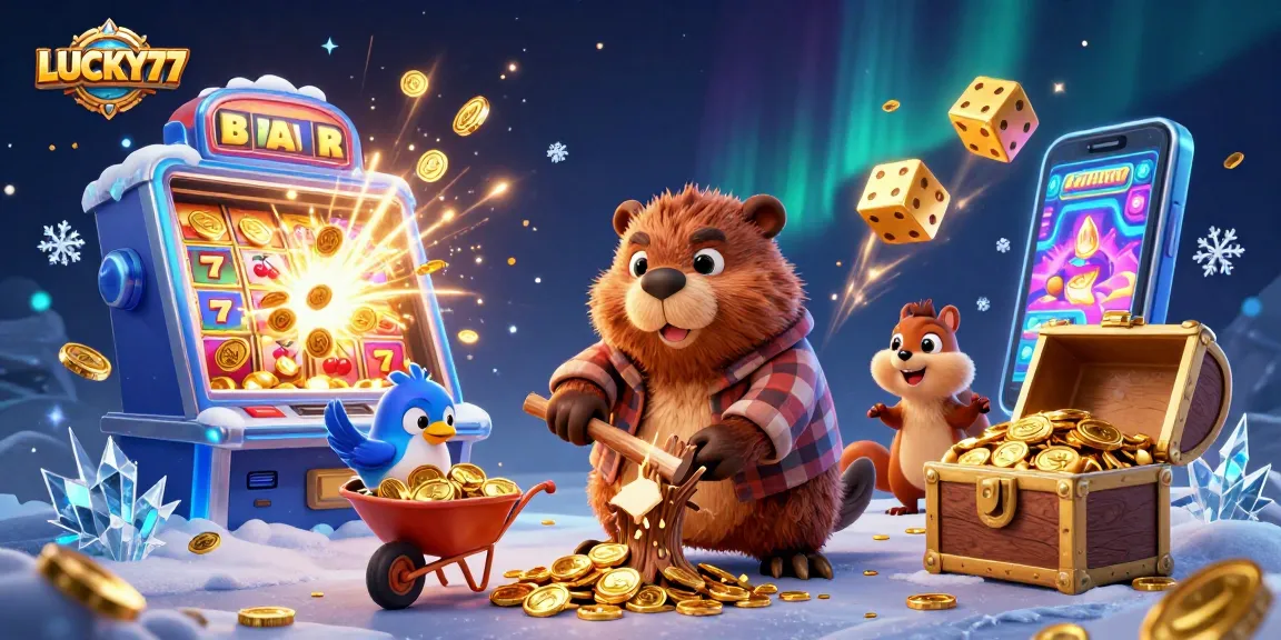 Experience LUCKY77 with a vibrant 3D scene featuring a cartoon beaver and casino themes.