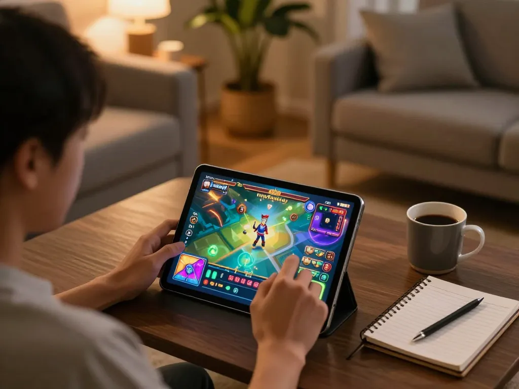 Engaging scene of ทดลองเล่นสล็อต on a tablet in a cozy home setting, showcasing strategy and relaxation in online gaming.