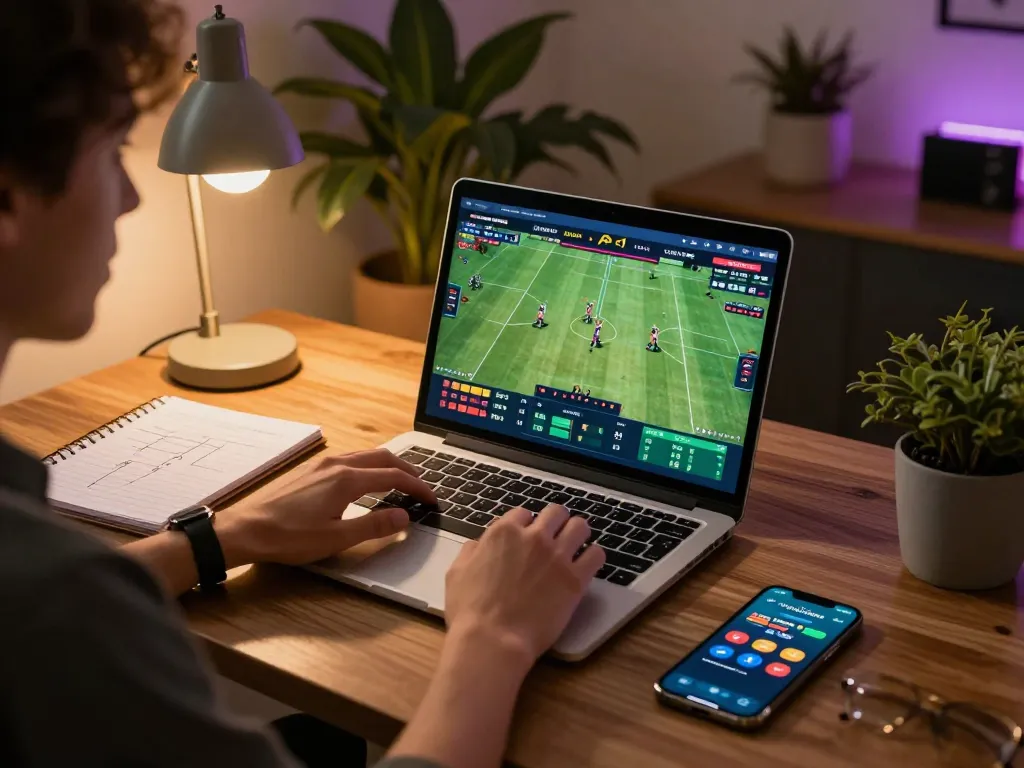 TIGERASIA88 user enthusiastically placing a sports bet via laptop at home, showcasing live betting interface.