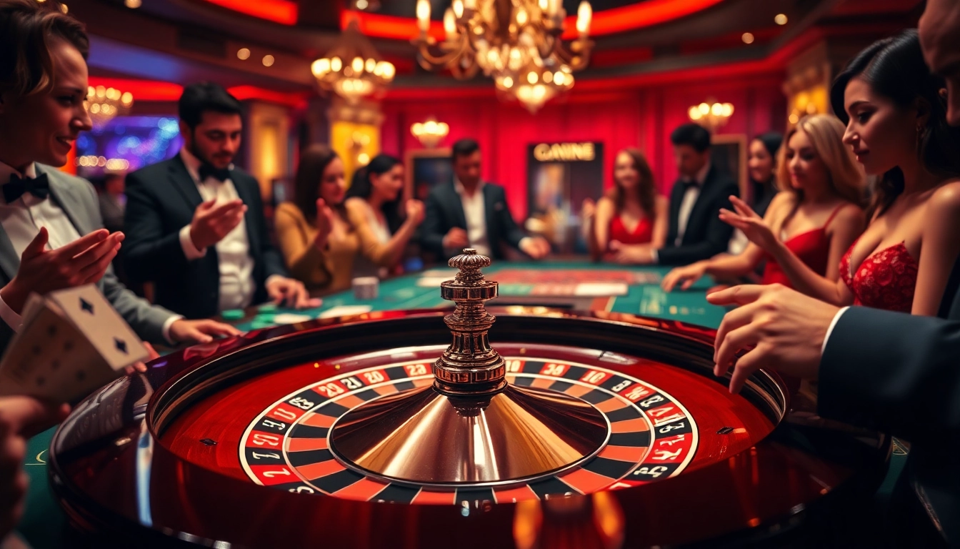 Vivez l'excitation du casino en ligne France fiable avec des joueurs engagés autour d'une table de roulette luxueuse.