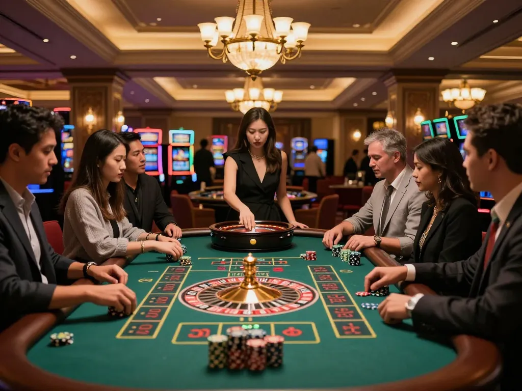 Engaging scene of players at the roulette table enjoying sunwinapk experience in a luxurious casino