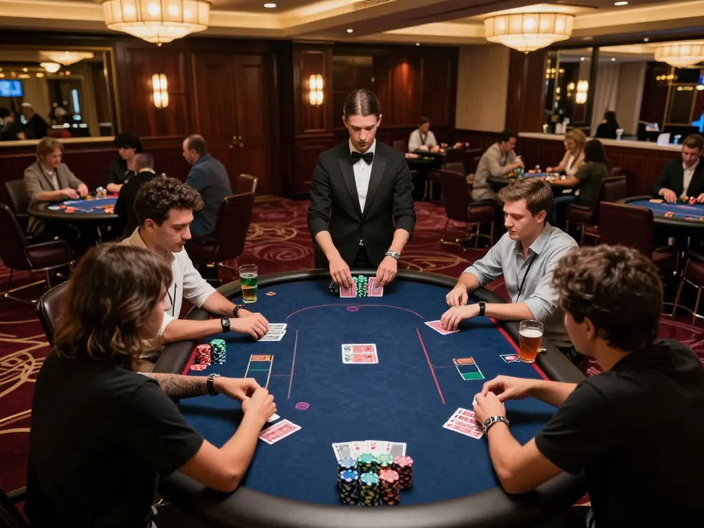 Experience the thrill of rokok 88 poker gameplay at an upscale casino, showcasing strategic card play and vibrant betting action.