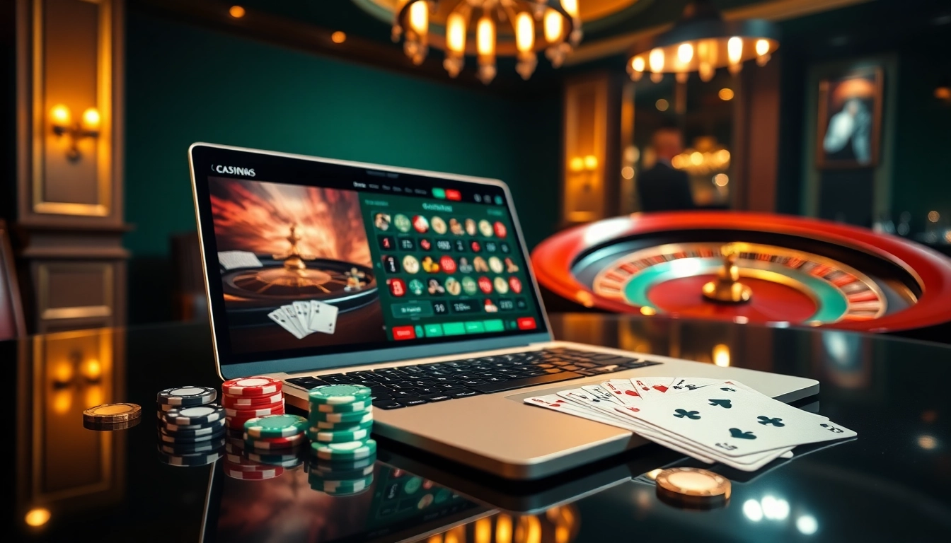 Scène de jeu captivante mettant en avant un ordinateur portable affichant une interface de casino en ligne France fiable, accompagnée de jetons de poker vibrants et de cartes.