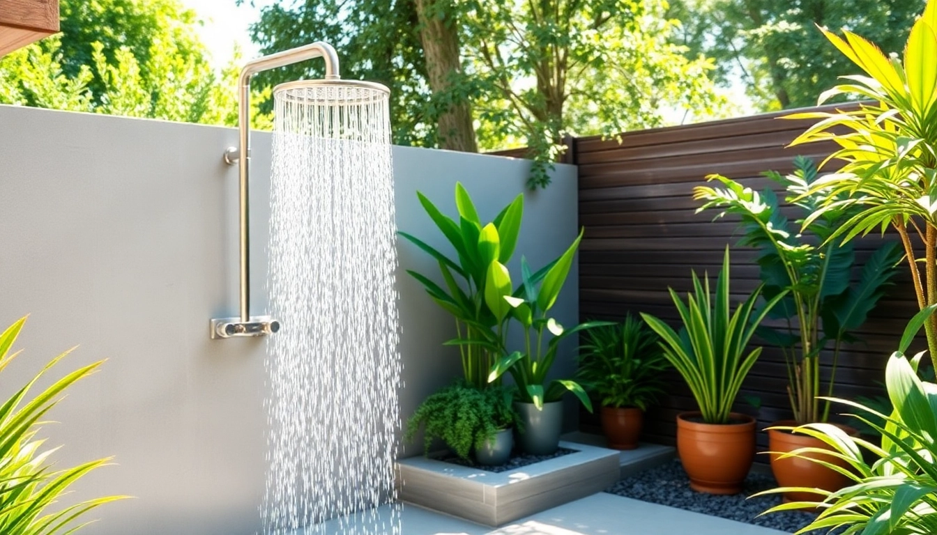 Explore the sleek outdoor shower design by sunny shower usa inc in a lush, relaxing yard.