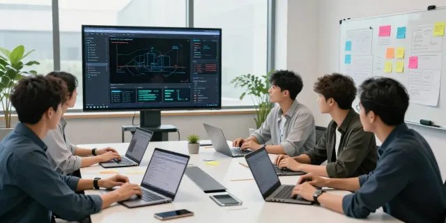 Diverse team collaborating in a modern office for AI powered content creation.