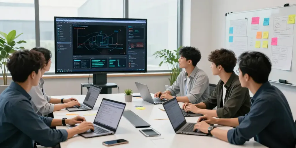 Diverse team collaborating in a modern office for AI powered content creation.
