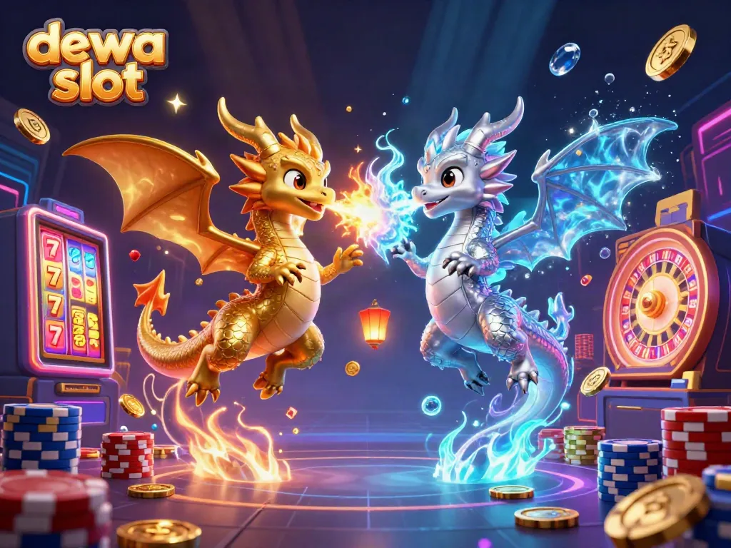 Menggambarkan petualangan dewa slot, dua naga 3D yang terbang berhadapan, di kelilingi koin emas dan chip poker.