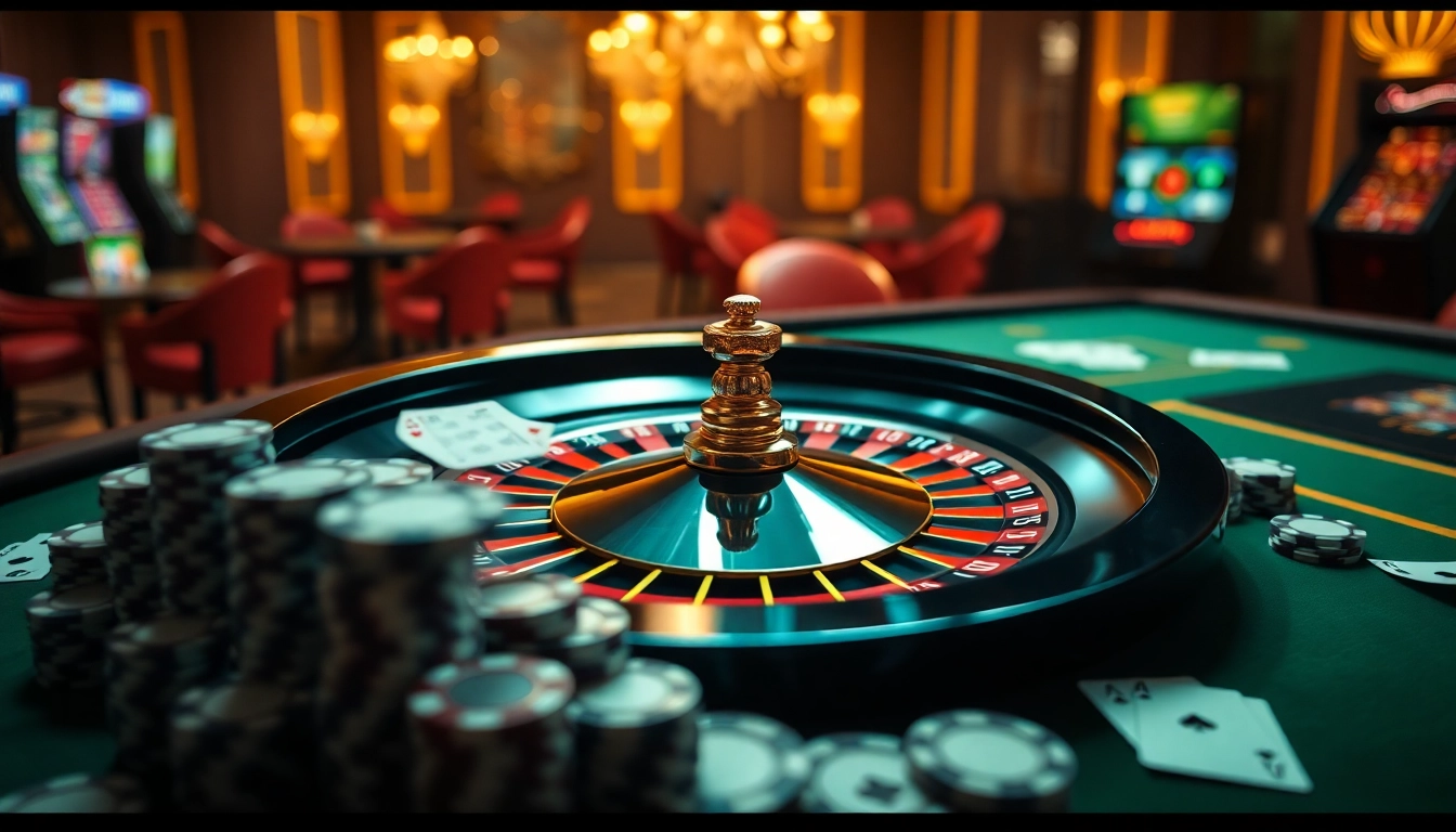 Experience thrilling gameplay at ABC8 with roulette and poker chips on vibrant gaming tables.
