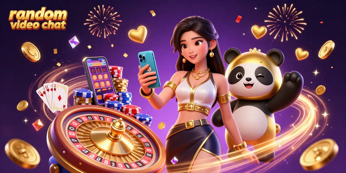 Engage instantly in a random video chat with vibrant casino-themed elements featuring lively characters and festive gaming symbols.