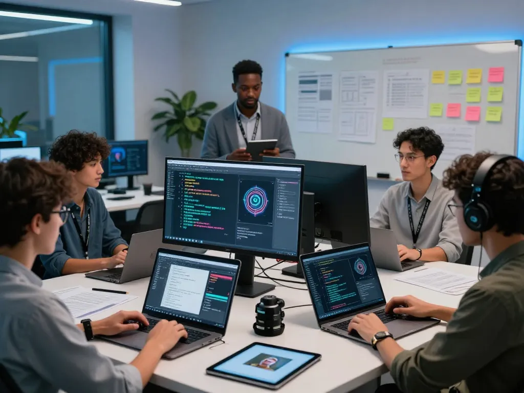 Team of AI developers using an image to prompt ai tool for collaborative project.