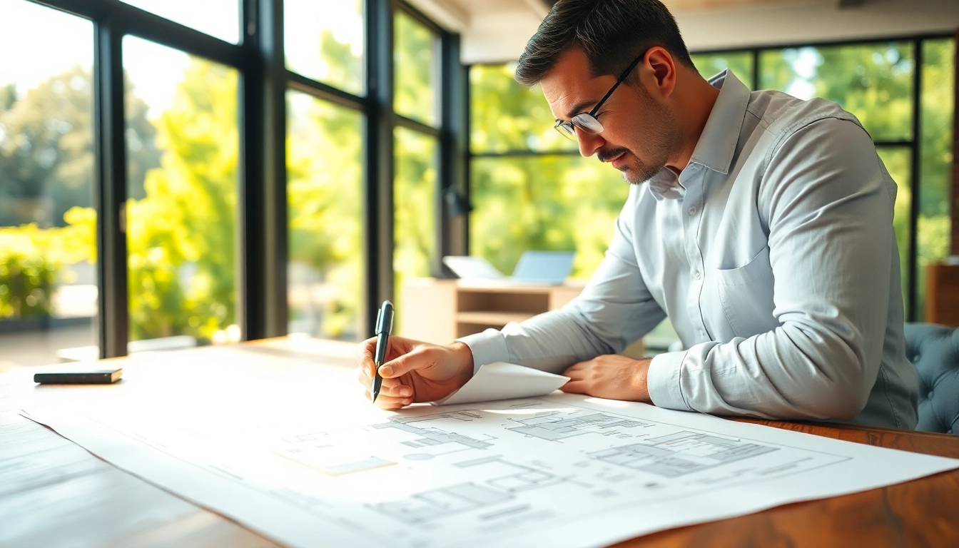 Start a residential architecture project with an architect designing home blueprints in a bright office