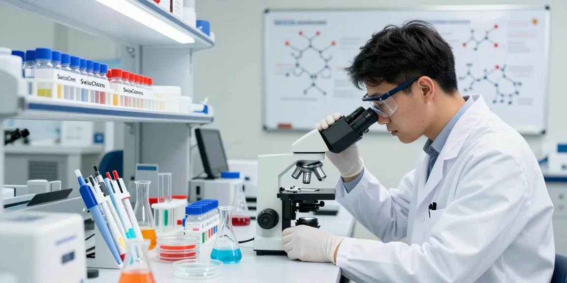 Scientist analyzing peptides from SwissChems in a high-tech lab environment.