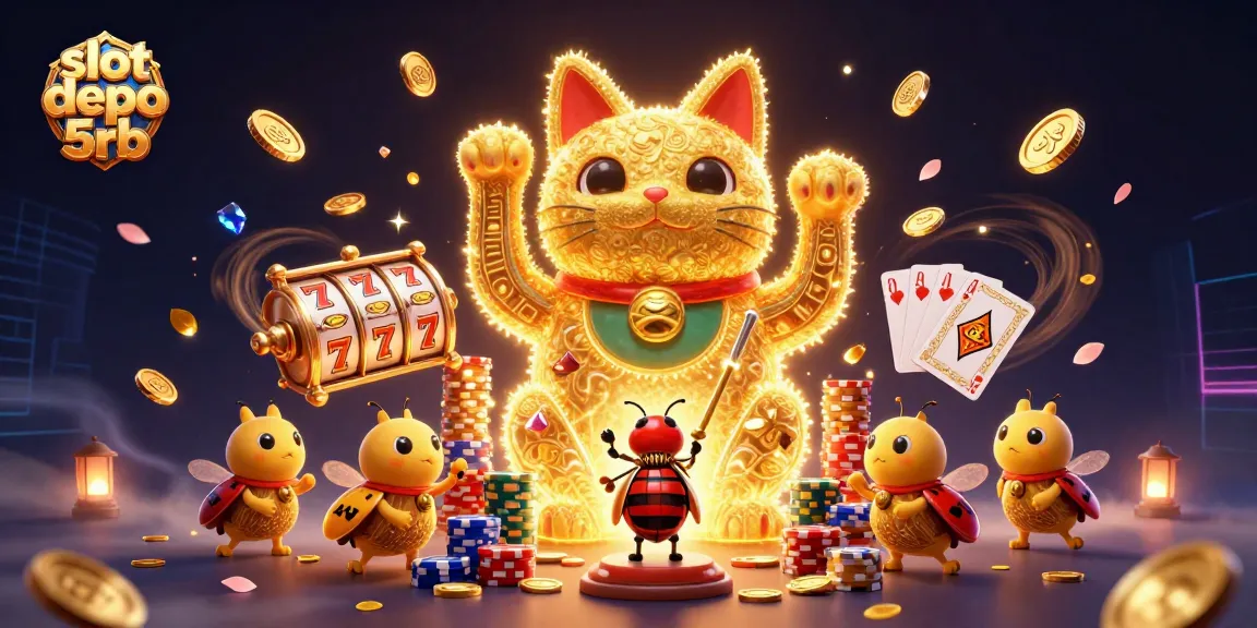 Experience excitement with slot depo 5rb as golden fireflies form a lucky cat amidst swirling coins.