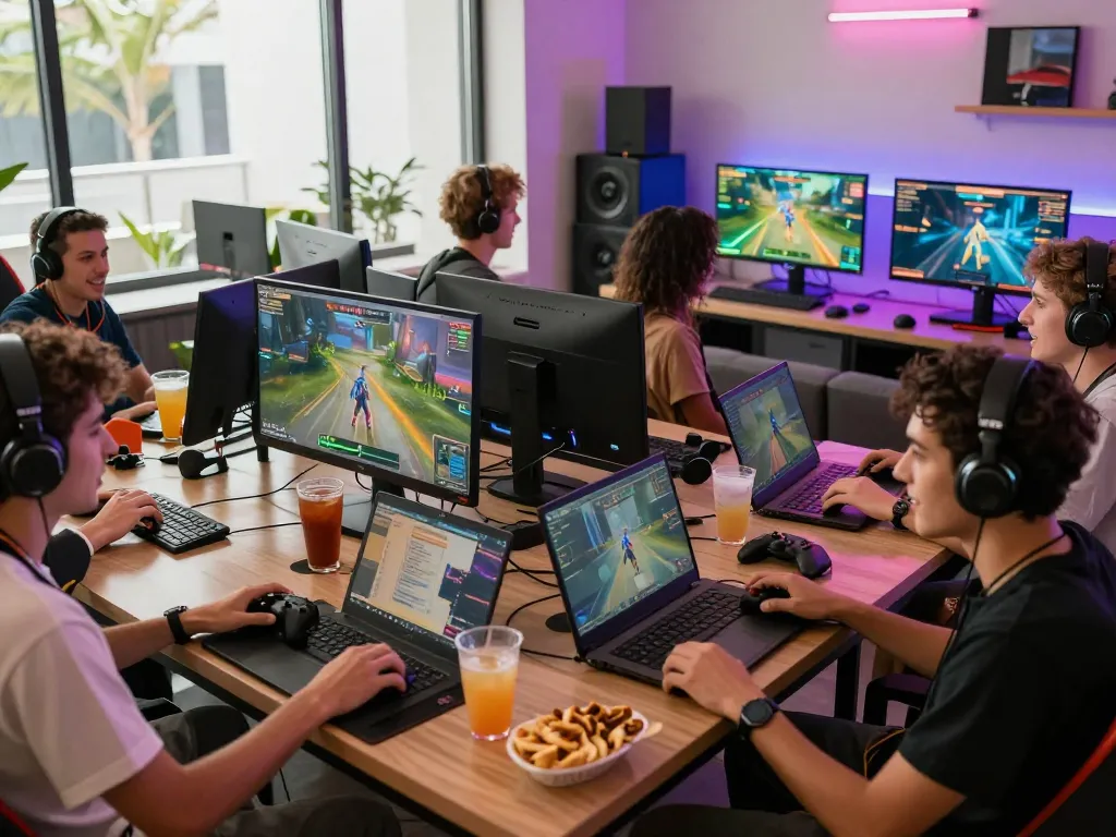 Exciting multiplayer gaming scene with players enjoying go88 in a modern lounge