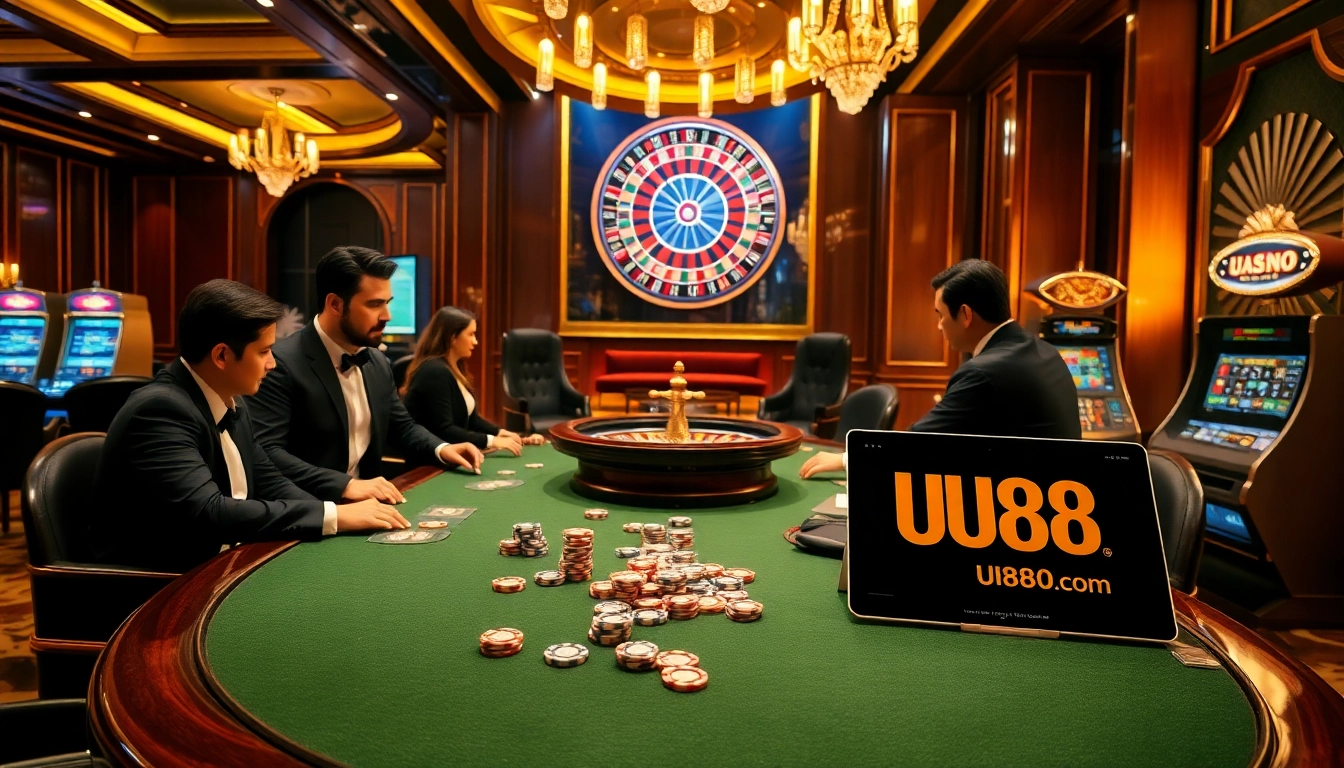 Exciting casino scene showcasing gameplay at UU88 com with elegant poker table and dynamic roulette action.