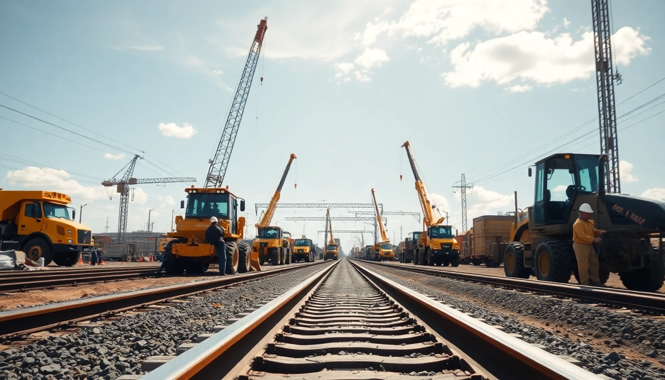 Workers engage in railroad construction, showcasing precision and teamwork on a bustling site.