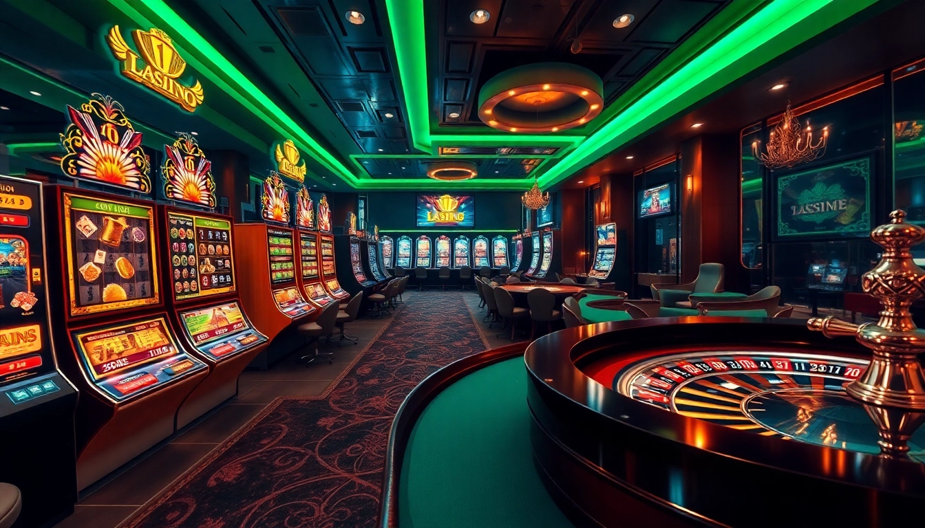 Une scène palpitante d'un casino en ligne France fiable avec des machines à sous vibrantes, une roue de roulette et des tables de poker.
