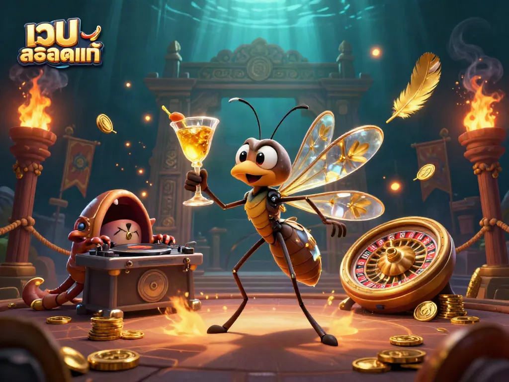 Experience the excitement of เว็บสล็อตแท้ with a vibrant 3D casino scene featuring a frozen mosquito mascot, trilobite DJ, and golden roulette wheel.