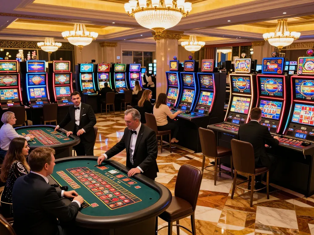 Migliori casino online europei scene with vibrant players engaged in slot machines and roulette tables in an upscale ambiance.