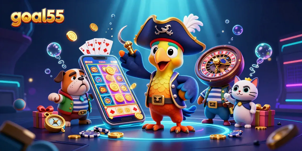 Membandingkan fitur slot game di goal55 dengan ilustrasi karakter kartun pelaut dan harta kemenangan.