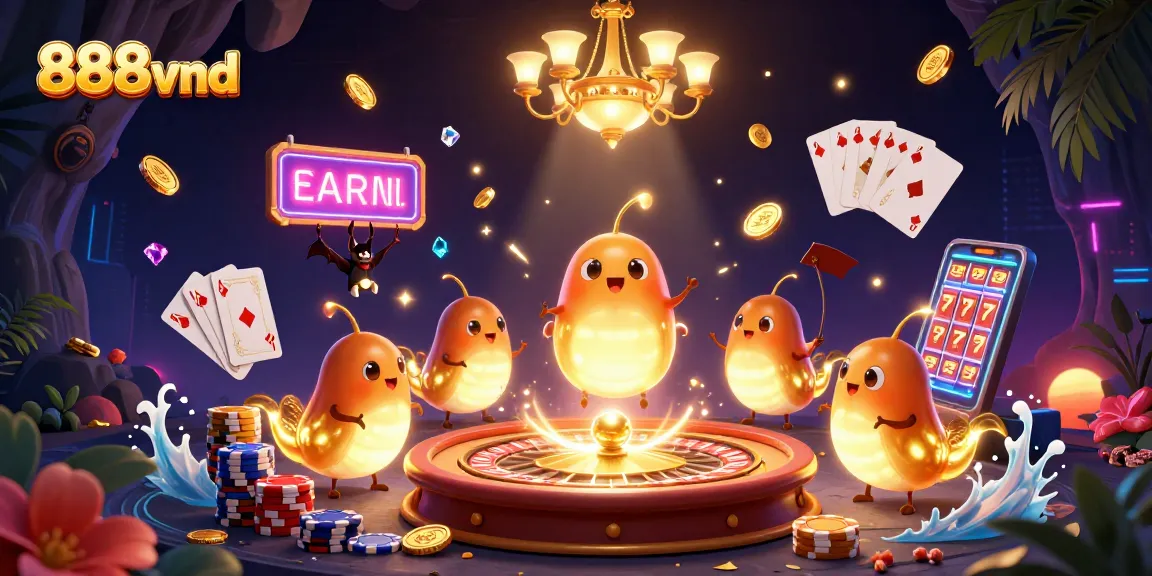 Experience the thrill of playing at 888vnd with vibrant glowworms illuminating a casino scene.