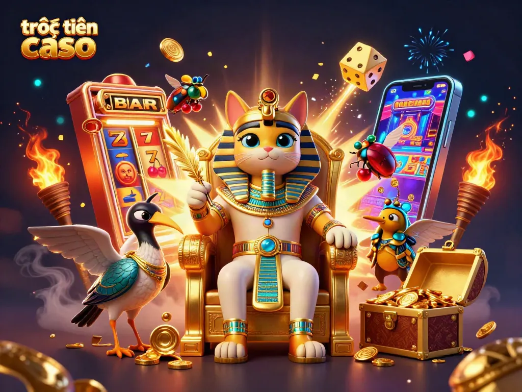 Chơi trò chơi trực tuyến casino với các biểu tượng máy đánh bạc và không gian sống động.