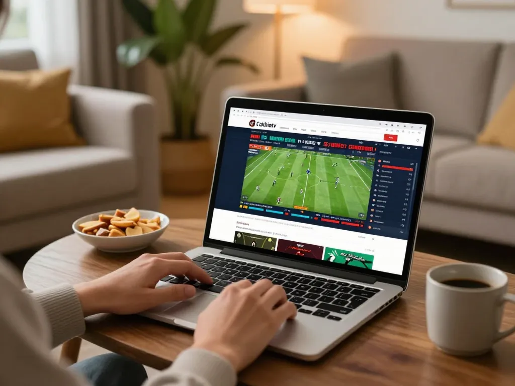 Cakhiatv user engaged in online sports betting on a laptop, cozy home setting
