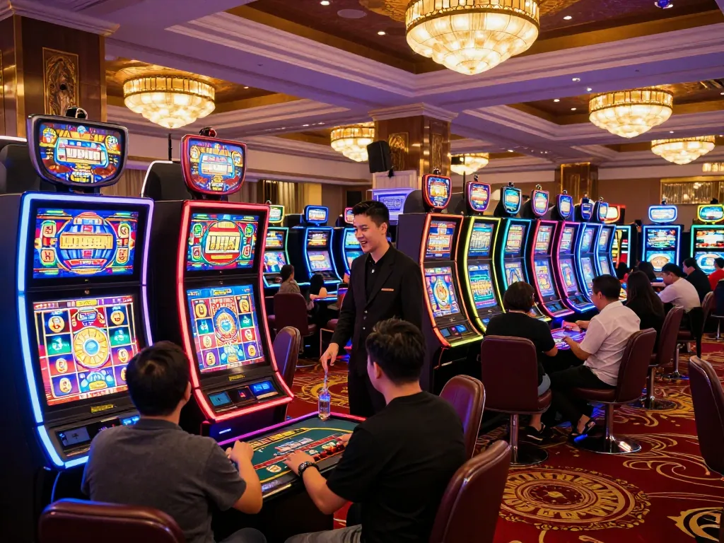 Players enjoying slot thailand games at a lively casino floor filled with colorful machines and excitement