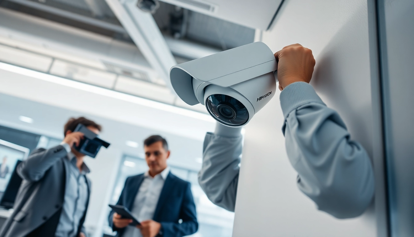 Instalación profesional de Cámaras Hikvision en un entorno de oficina moderno, destacando la seguridad y la fiabilidad.
