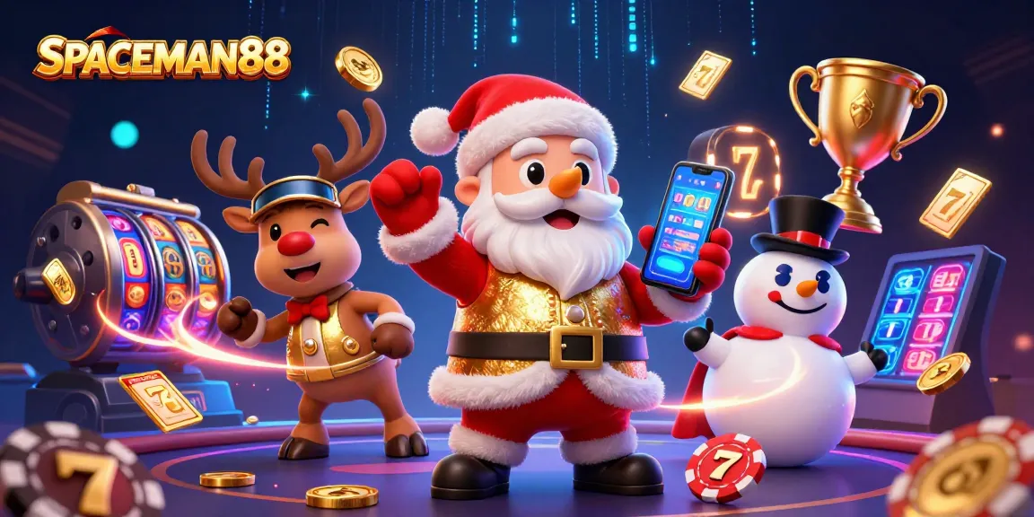 SPACEMAN88 offers thrilling jackpot slots in a vibrant casino scene with festive characters.