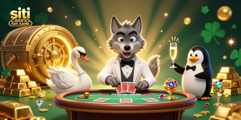Gioco emozionante nei siti casino non AAMS con un lupo elegante al tavolo del baccarat.