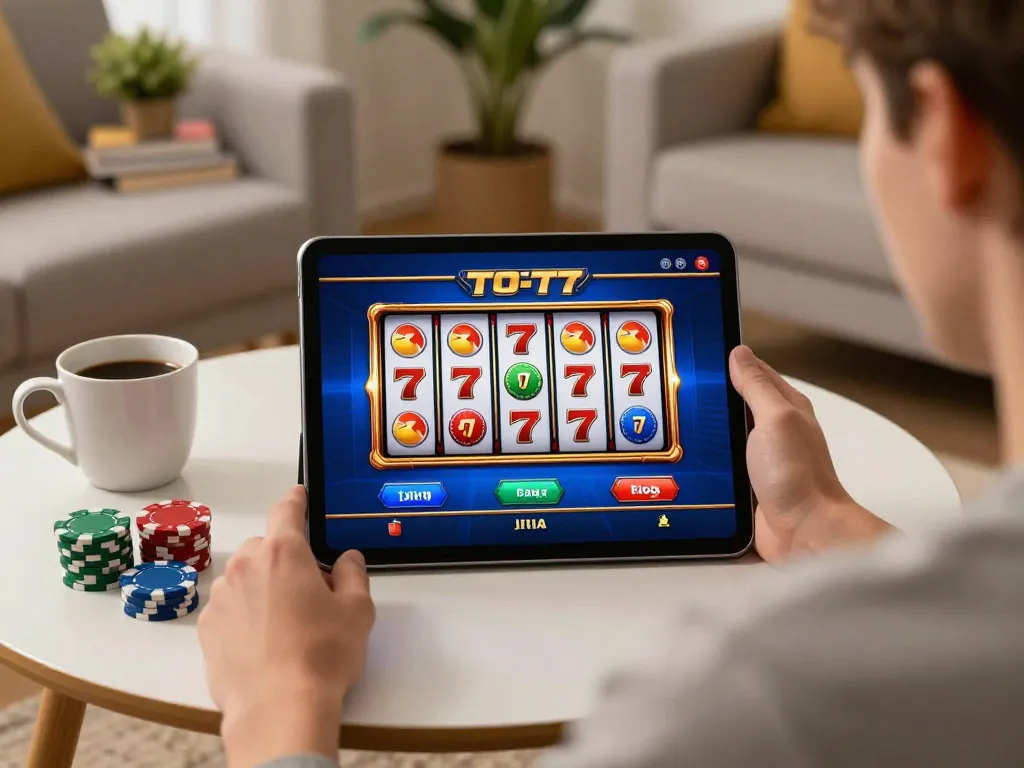 Engaging with slot777 online gaming on a tablet in a cozy home setting.