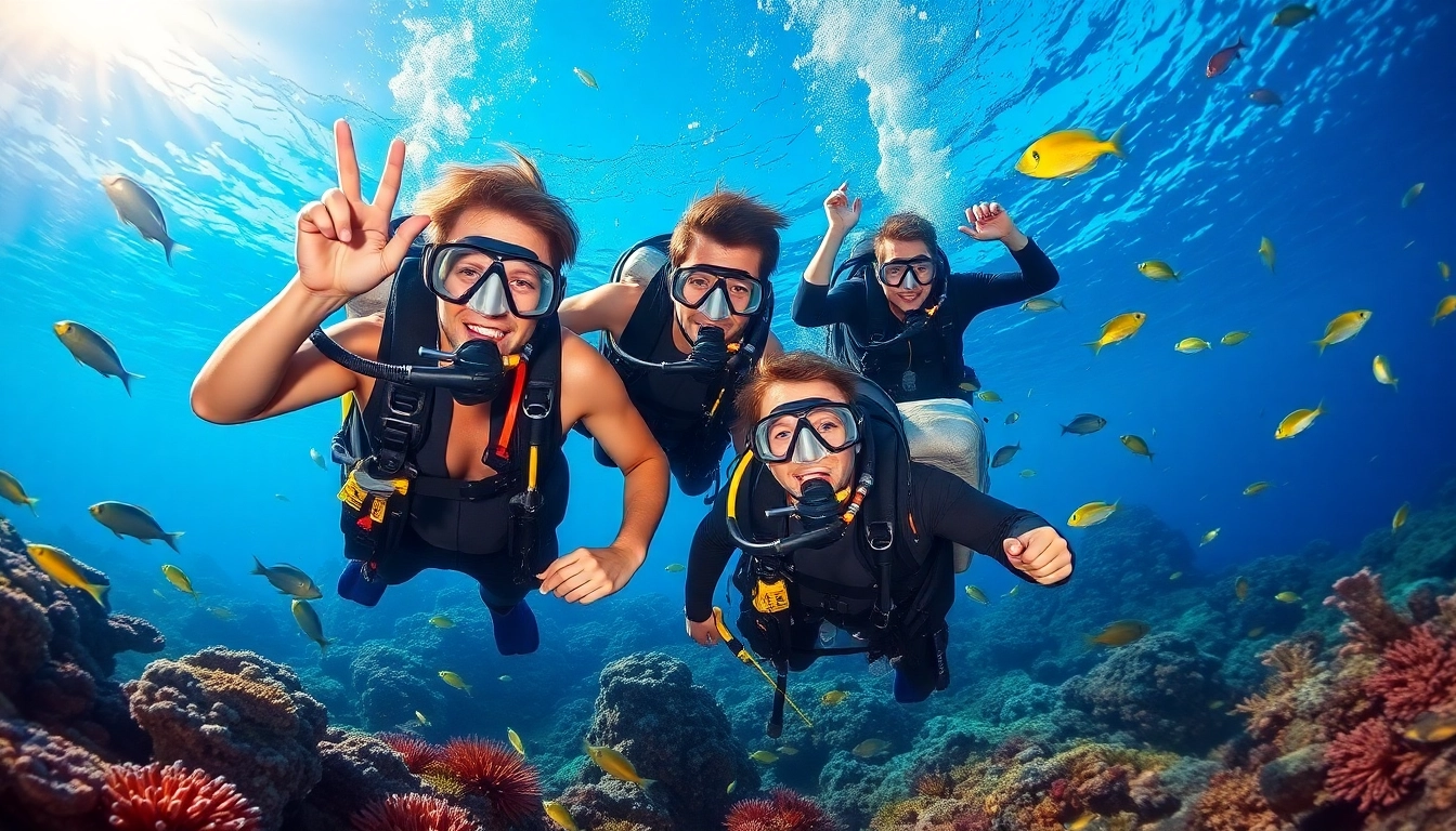 Tauchschule mit Tauchern, die lebendige Meeresbewohner unter Wasser erkunden.