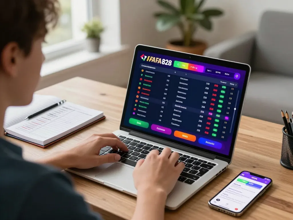 Engaged player using FAFA 828 platform for sports betting, showcasing betting odds and strategy notes.