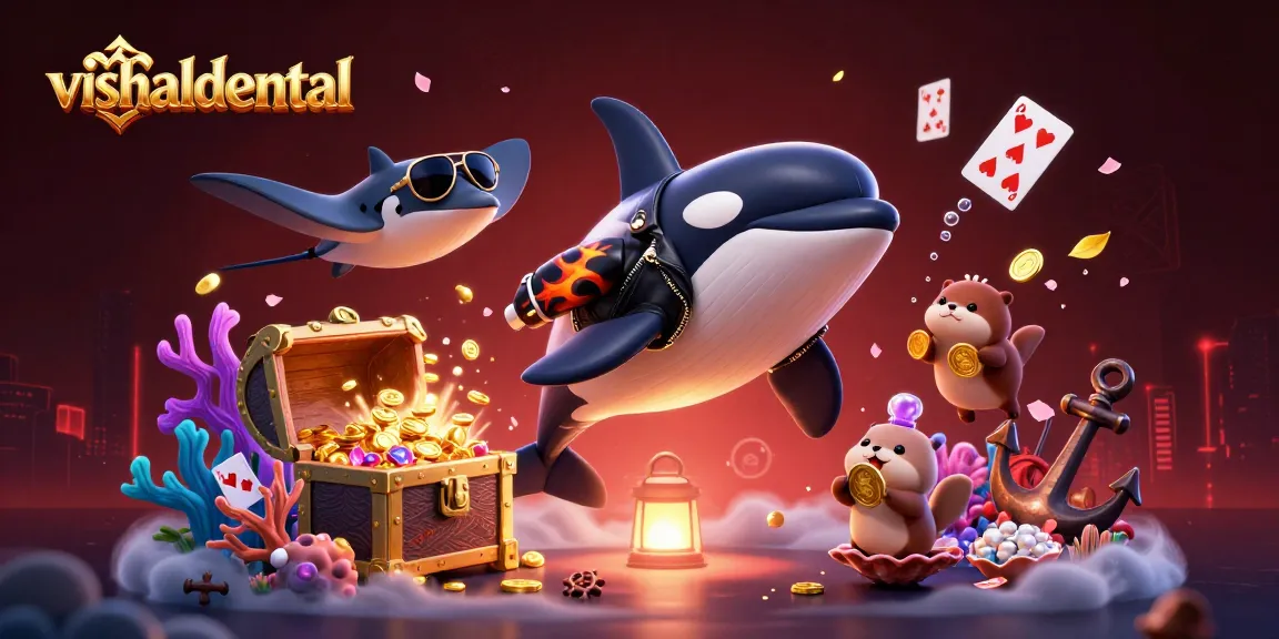 Engage with vishaldental's vibrant underwater casino illustration featuring unique characters and gold coins.