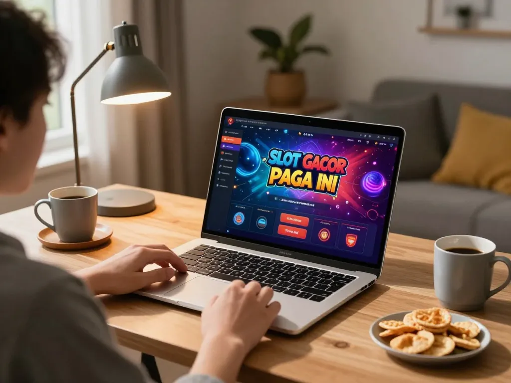 Playing slot gacor pagi ini game on a laptop with snacks and a cozy ambiance for responsible online gambling.